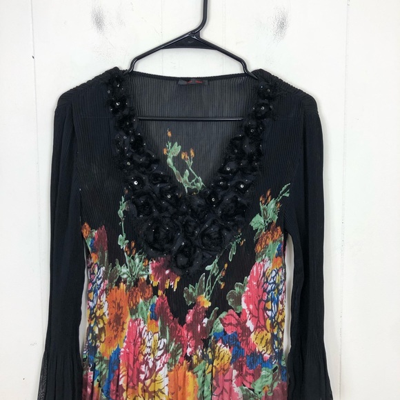 Alison Sheri Pleated Floral Sequinned Blouse Sz M - Picture 2 of 8